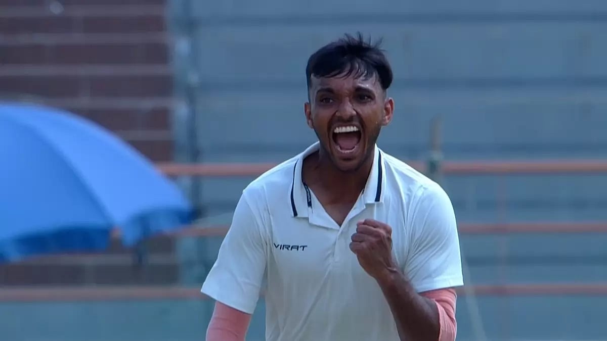 Chetan Sakariya celebrates after his five-wicket haul in Irani Cup.  