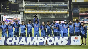 Indian players celebrate after winning the T20I series against South Africa.