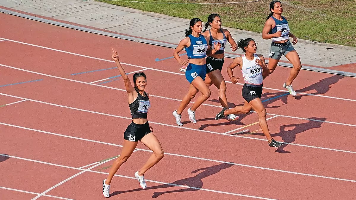 Flying high: Jyothi Yarraji (extreme left) won gold in 100m in the Games