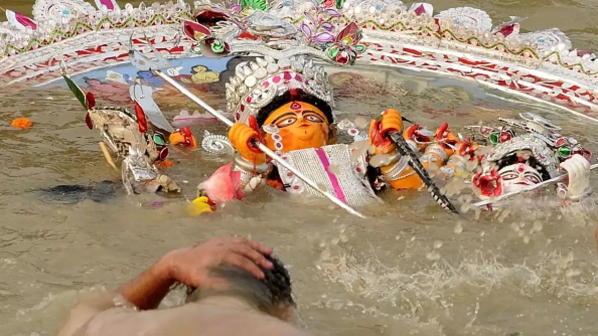 Idol of Goddess Durga half-immersed. 