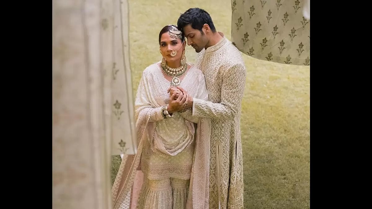 Ali Fazal and Richa Chadha wear Custom Abu Jani Sandeep Khosla for their wedding in Lucknow.