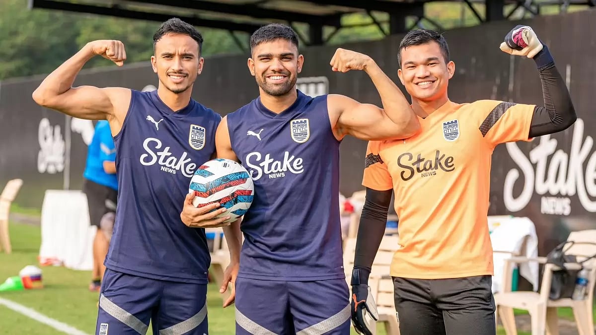 Mumbai City FC players share a light moment in training ahead of their match against Hyderabad FC.