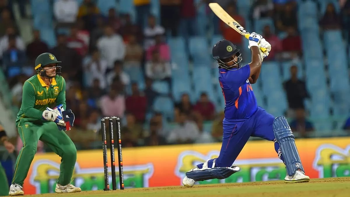 Sanju Samson hits a shot against South Africa in the first ODI in Lucknow.     