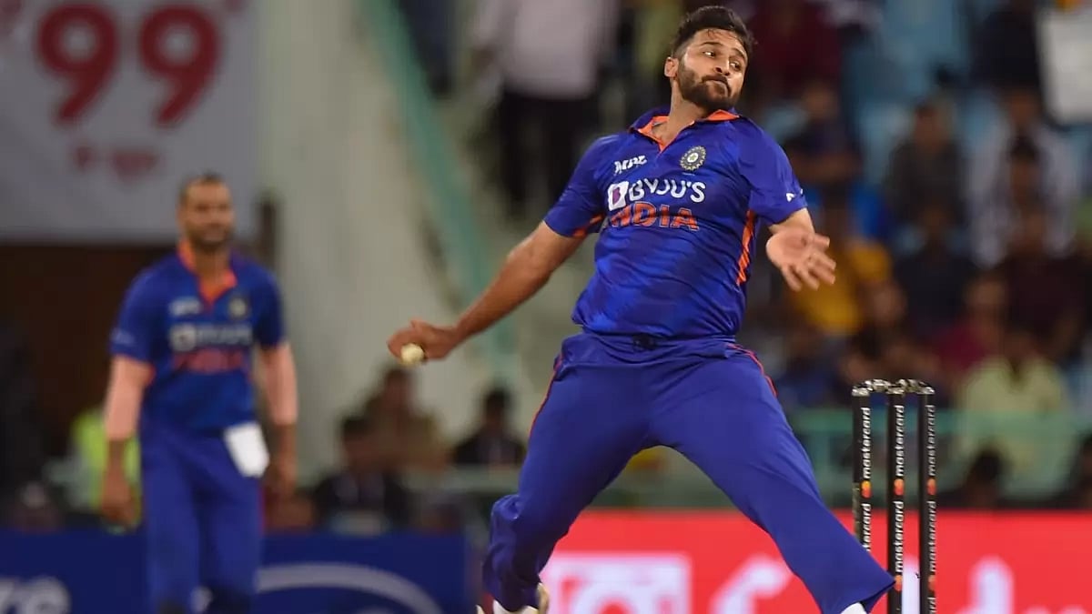 Shardul Thakur bowls during India's ODI match.