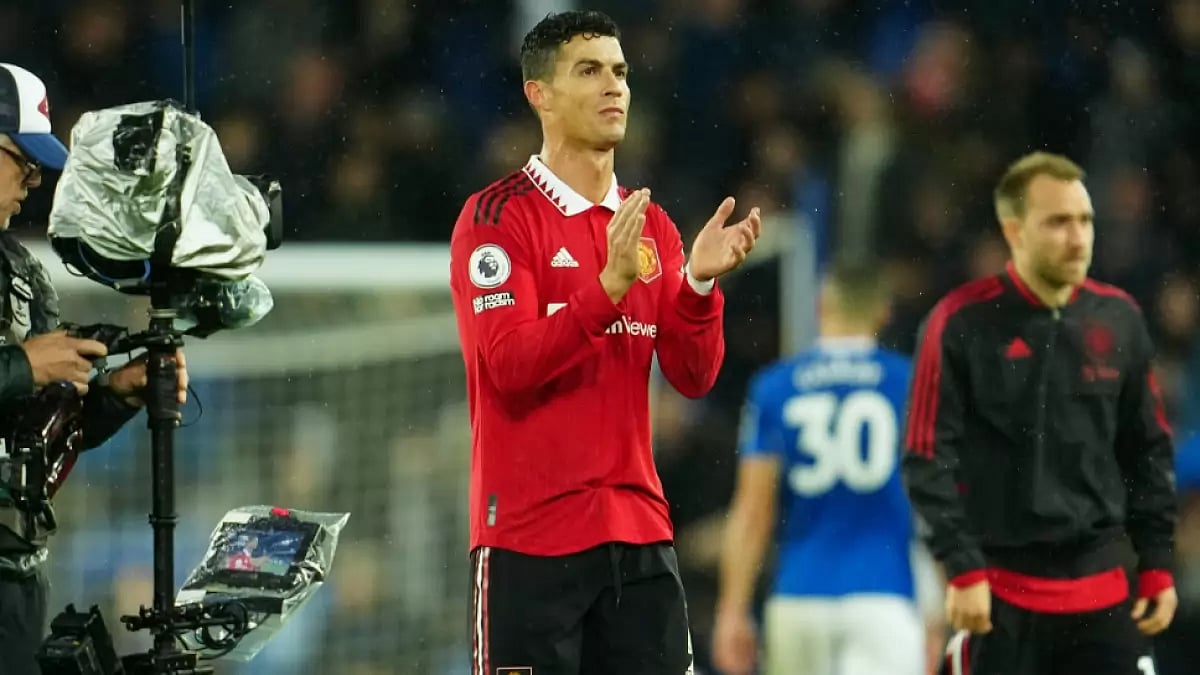 Manchester United's Cristiano Ronaldo applauds after Everton win in English Premier League.