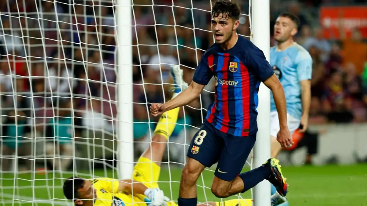 Barcelona's Pedri celebrates after scoring against Celta Vigo in La Liga 2022-23. 