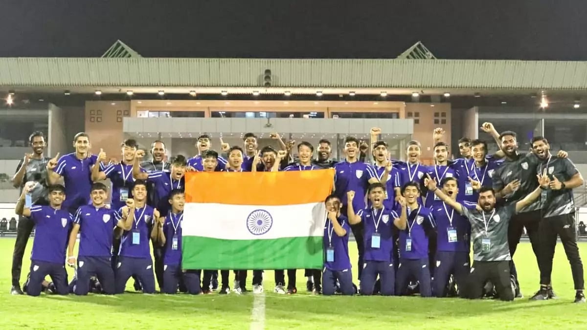 The Indian team celebrate their qualification to AFC U-17 Asian Cup on Sunday.
