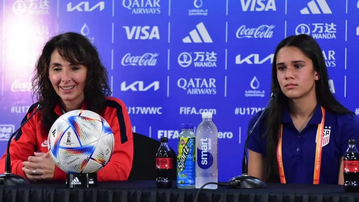 USA's Mia Bhuta (R) during the press conference ahead of India clash at FIFA U-17 Women's World Cup.