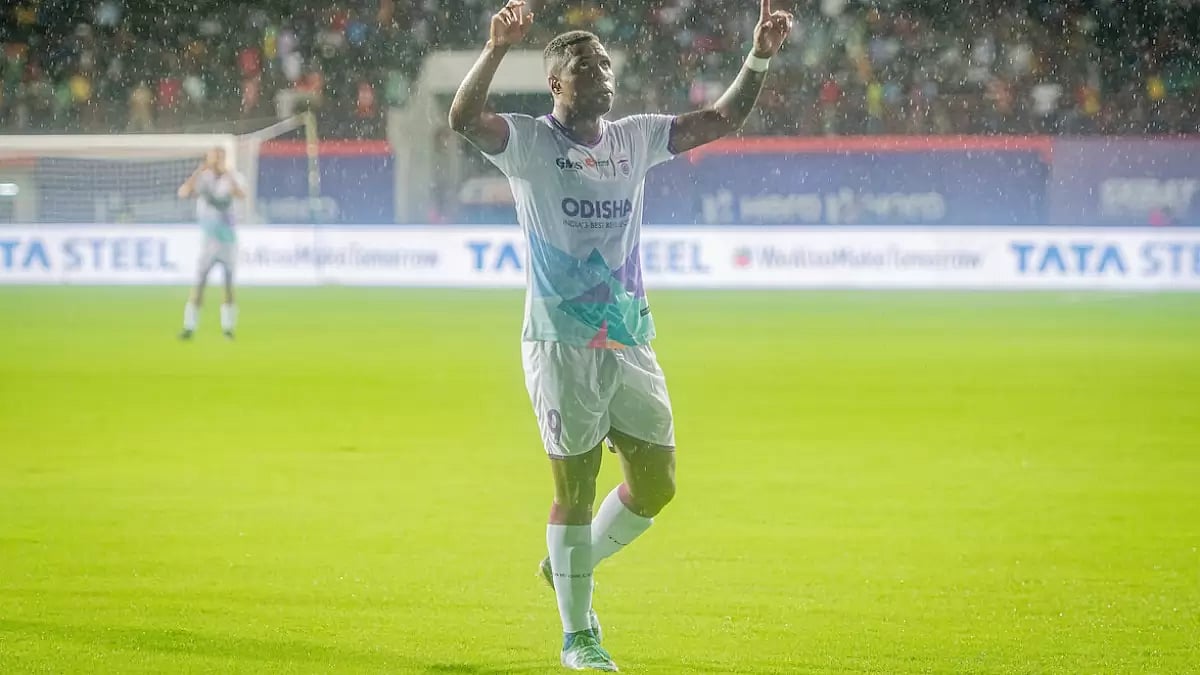 Diego Mauricio celebrates after scoring Odisha FC's winner against Jamshedpur FC in ISL 2022-23.