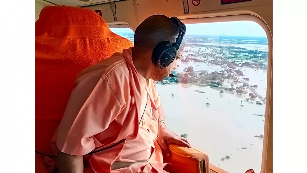Yogi Adityanath conducts an aerial survey of flood-affected areas