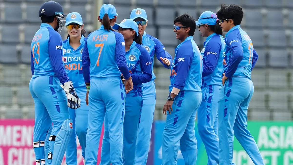 Indian players celebrate a fall of a Thailand wicket during their Women's Asia Cup 2022 match.  