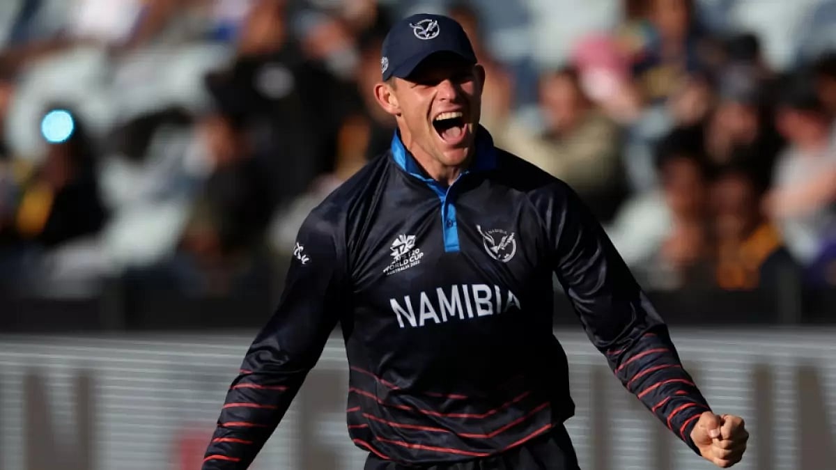 Namibia's Gerhard Erasmus celebrates after winning against Sri Lanka in ICC T20 World Cup 2022.
