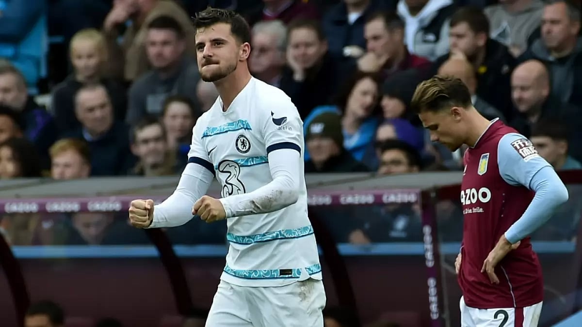Chelsea's Mason Mount celebrates after scoring against Aston Villa in English Premier League. 