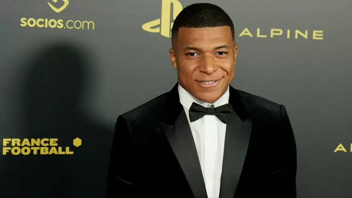 Paris Saint-Germain's Kylian Mbappe poses for a picture prior the Ballon d'Or ceremony.