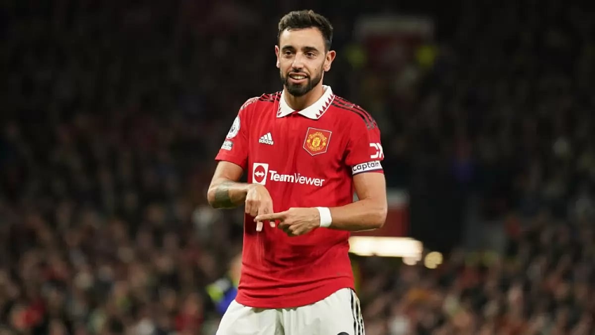 Manchester United's Bruno Fernandes gestures after scoring against Tottenham Hotspur in EPL. 