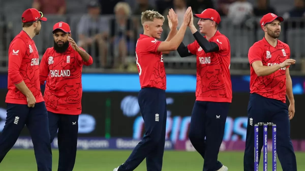 England players celebrate the fall of a Afghanistan wicket in ICC T20 World Cup 2022 match.  