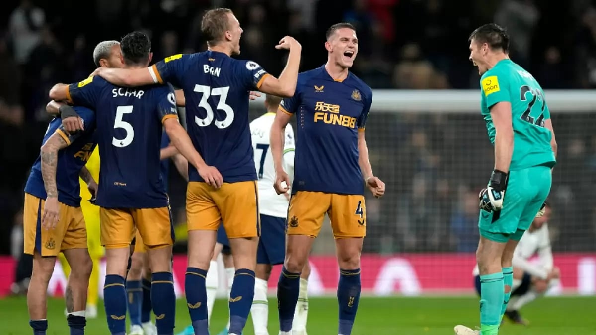 Newcastle United players celebrate their victory over Tottenham Hotspur in English Premier League.