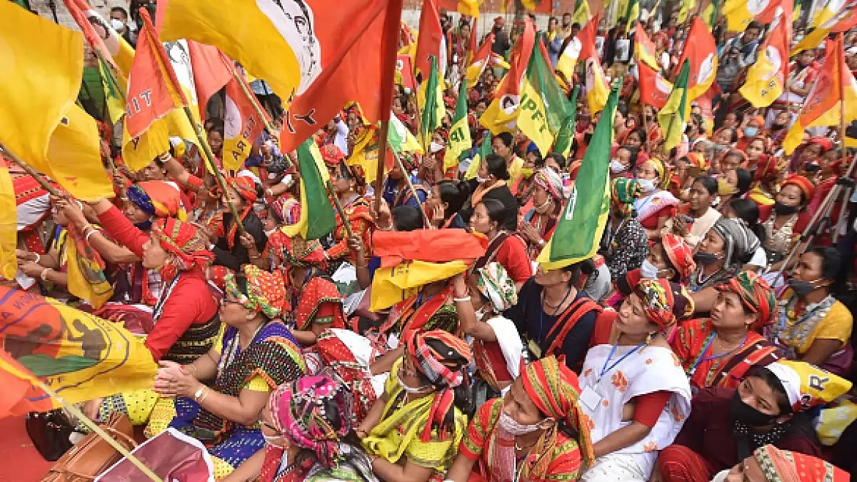 TIPRA supporters sit on a protest dharna demanding for separate Tipraland state