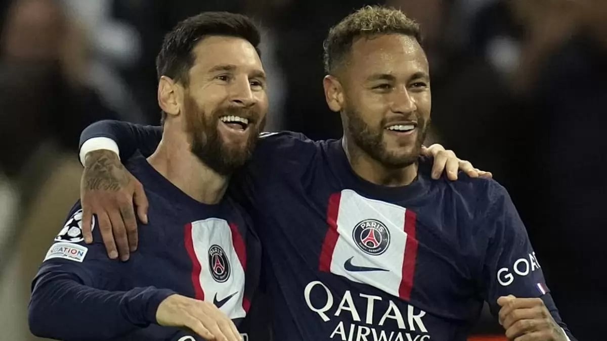 Lionel Messi and Neymar celebrate after beating Maccabi Haifa in UEFA Champions League.