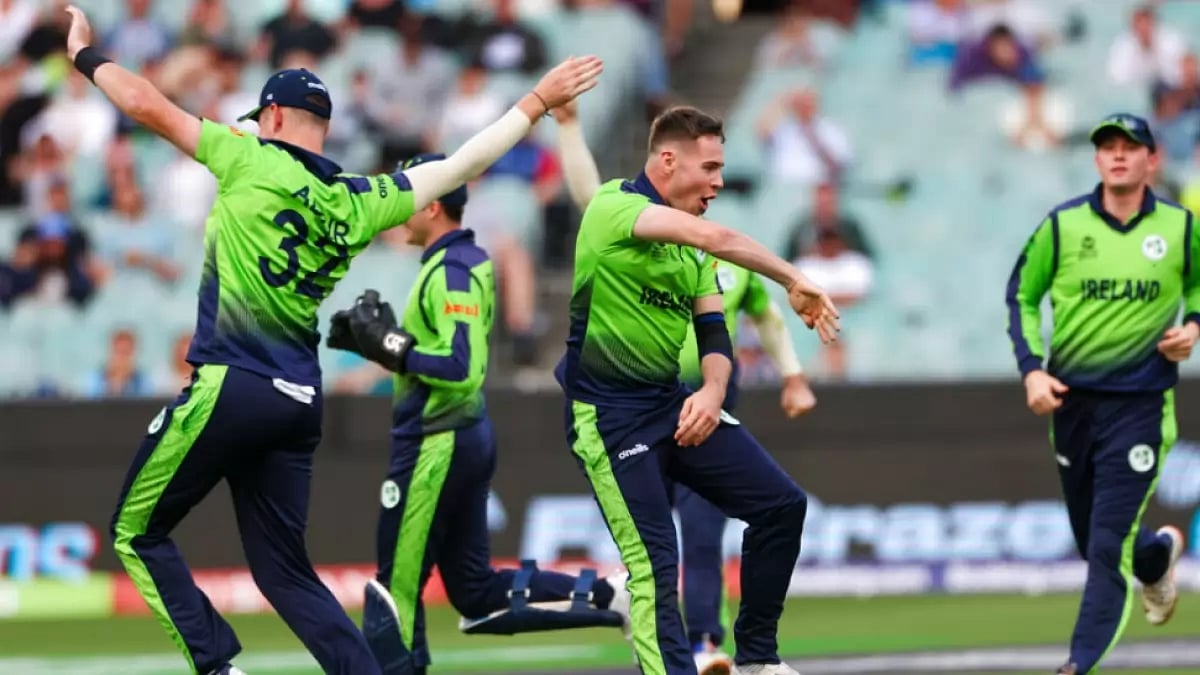 Ireland players celebrate the fall of England's Jos Buttler during their ICC T20 World Cup match.