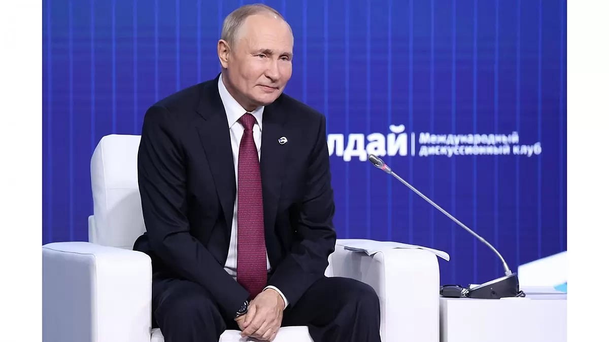 Russian President Vladimir Putin attends at the plenary session of the 19th annual meeting of the Valdai International Discussion Club outside Moscow, Russia.