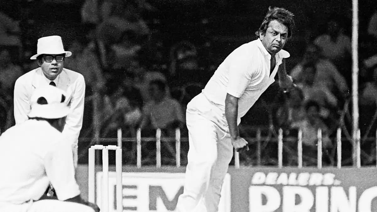 Erapalli Prasanna bowling during an India­-Pakistan match in 1978