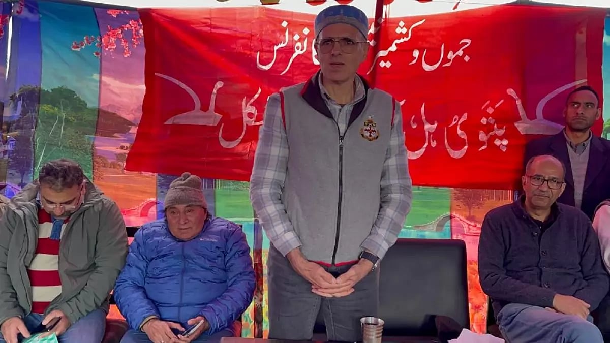 Omar Abdullah addresses NC workers during a function in Drass area of Kargil
