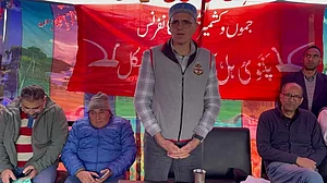 Omar Abdullah addresses NC workers during a function in Drass area of Kargil
