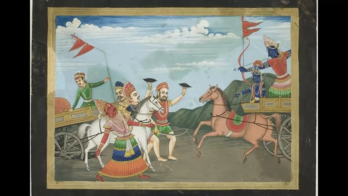Arjuna Slays Karna, Page from a Mahabharata Series, circa 19th century. Artist Unknown. 