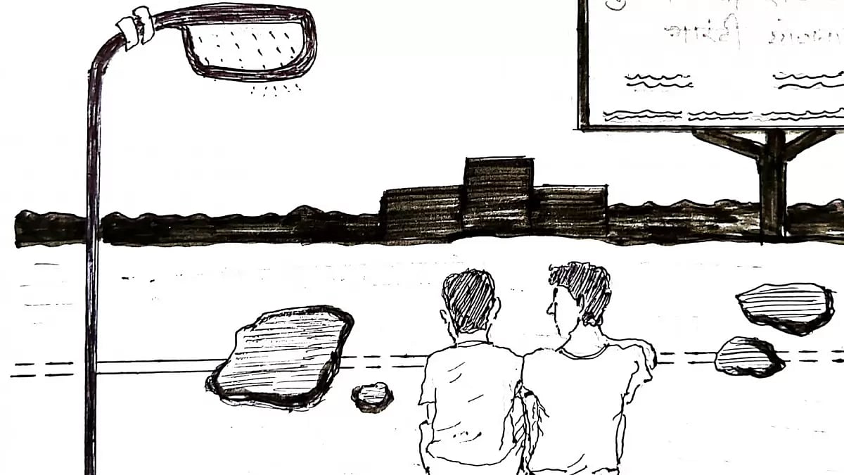 Viksa and Manjhay under a flickering streetlight, sharing their misaligned stars