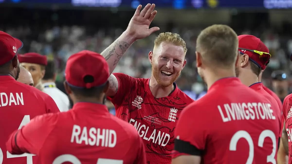 Ben Stokes celebrates with his team-mates after T20 World Cup win.