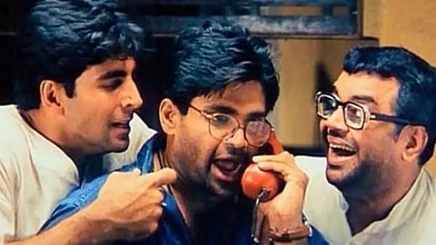A still from Hera Pheri starring Akshay Kumar, Suniel Shetty, and Paresh Rawal.