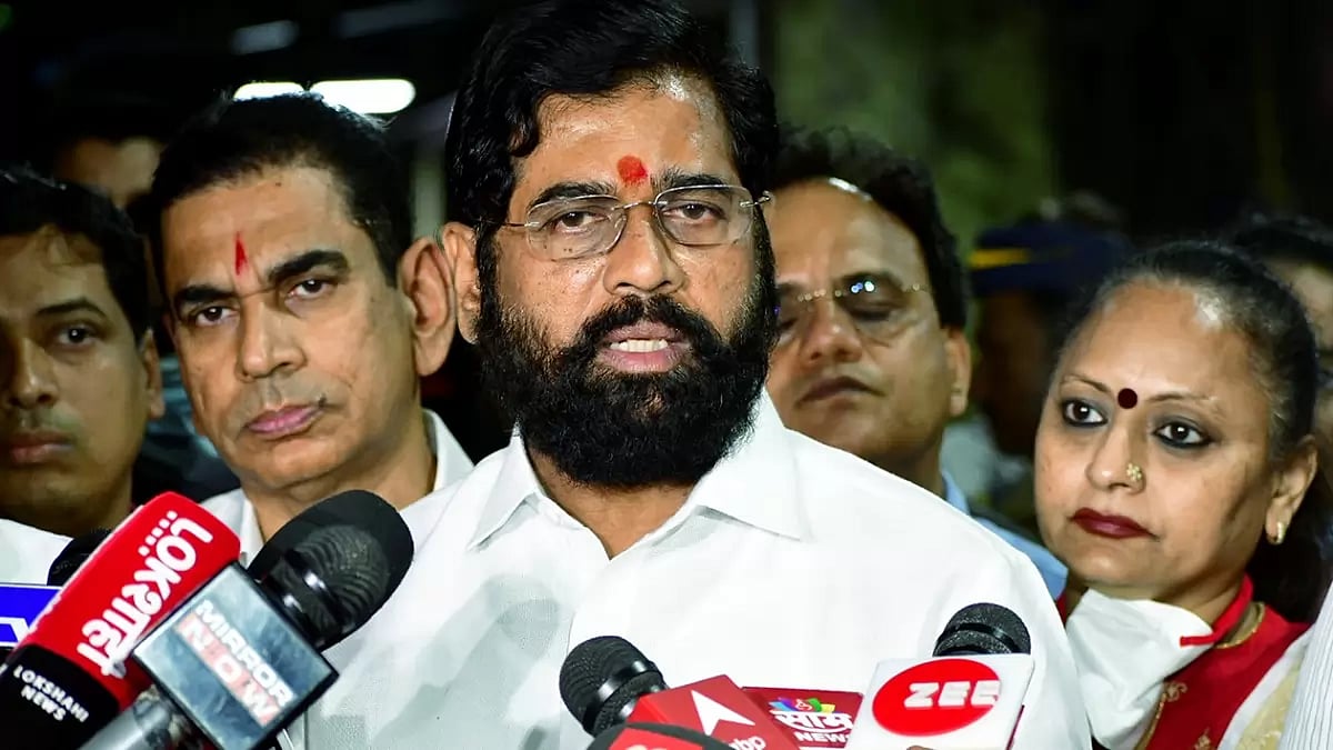 Eknath Shinde talks to the media