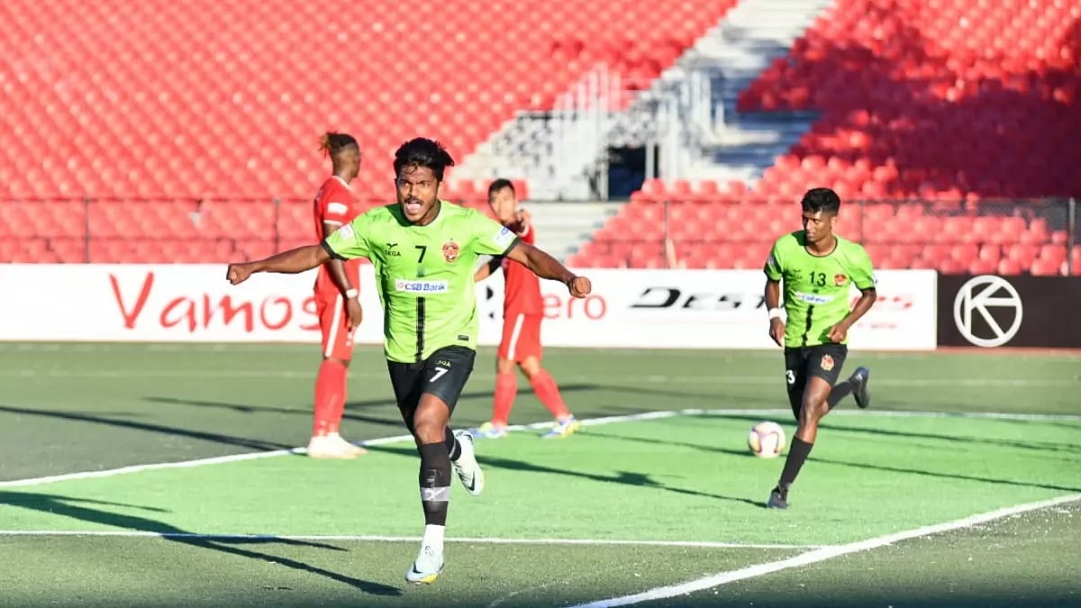 Thahir Zaman celebrates after scoring Gokulam Kerala's 87th-minute goal.