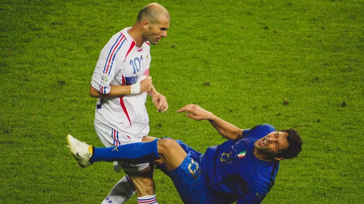 Marco Materazzi falls after Zidane's headbutt.