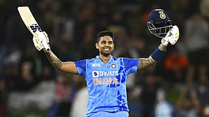 Suryakumar celebrates after scoring his second T20I hundred.