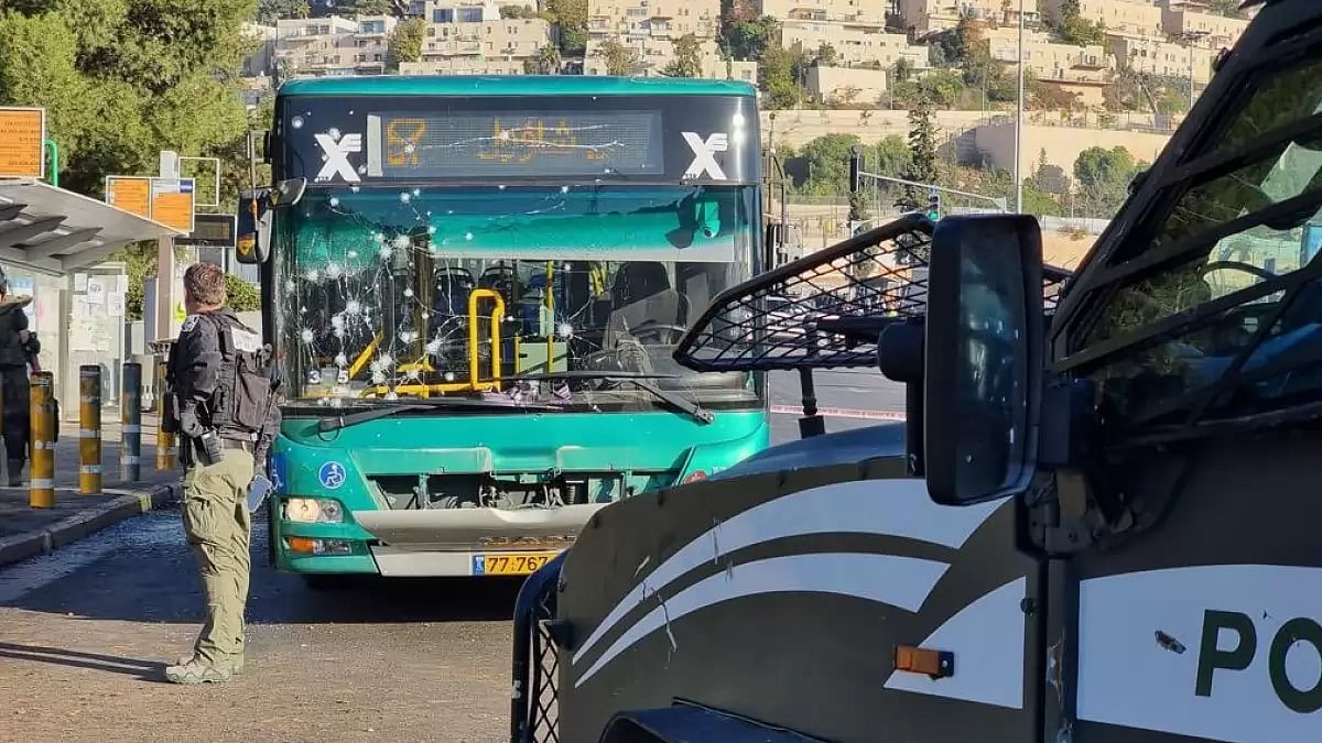 A bus damaged in Jerusalem bomb blasts