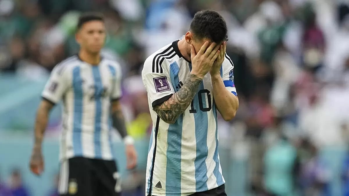 Argentina captain Lionel Messi reacts after missing a goal-scoring opportunity.