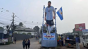 A cut out photo of Lionel Messi erected by fans in Kerala.