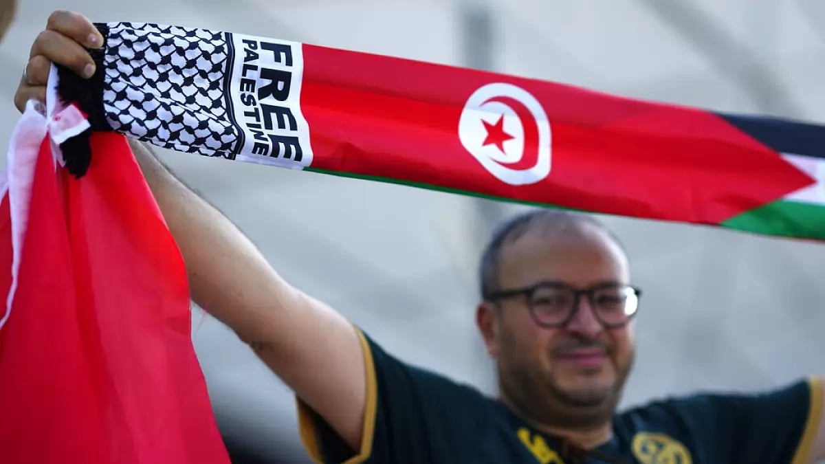 A fan holds a 'Free Palestine' scarf during Denmark vs Tunisia match in Qatar.