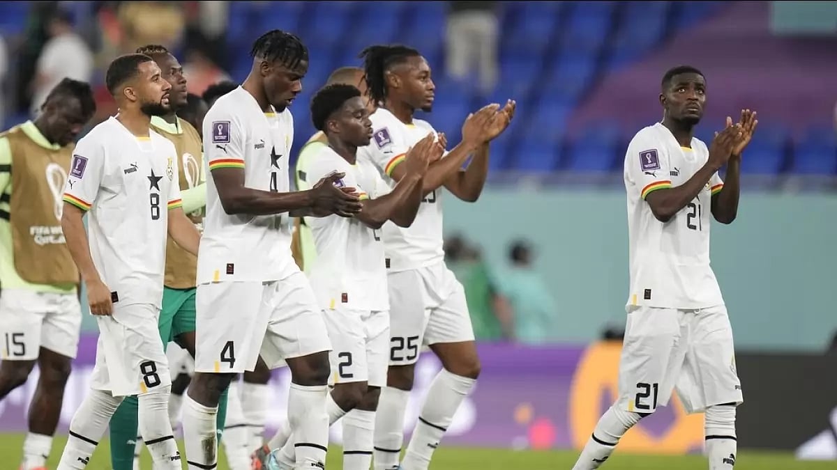 Ghana players acknowledge fans after their loss to Portugal. 