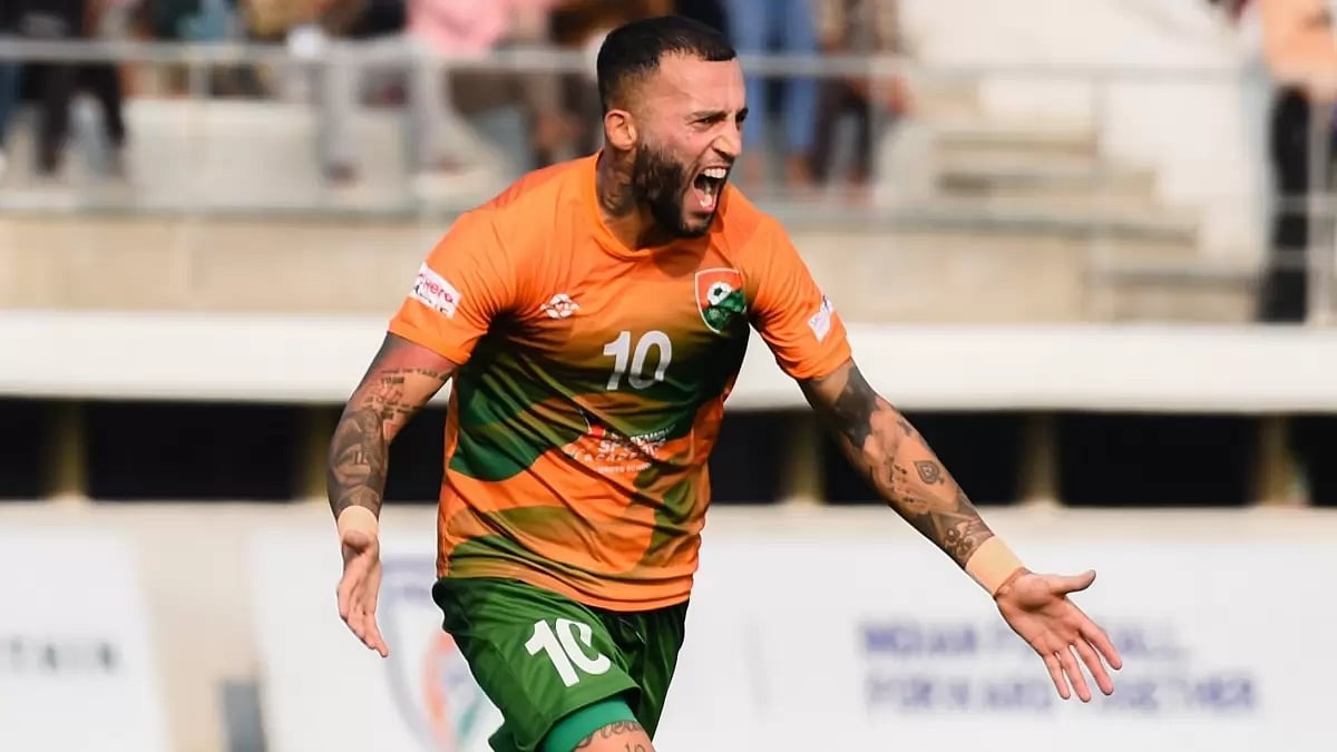 Faysal Shayesteh celebrates his goal against Gokulam Kerala.