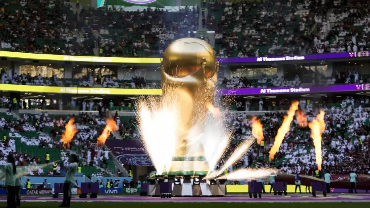 An inflatable World Cup replica depicted during the Opening Ceremony.