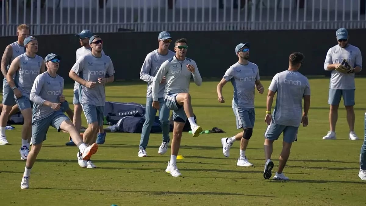 England players warn up during a training session in Rawalpindi.