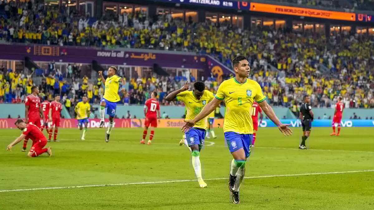 Casemiro celebrates his goal against Switzerland on Monday.