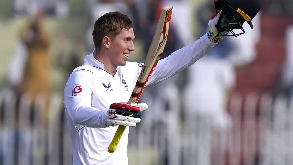 England opener Zak Crawley celebrates after scoring a century against Pakistan in Rawalpindi.