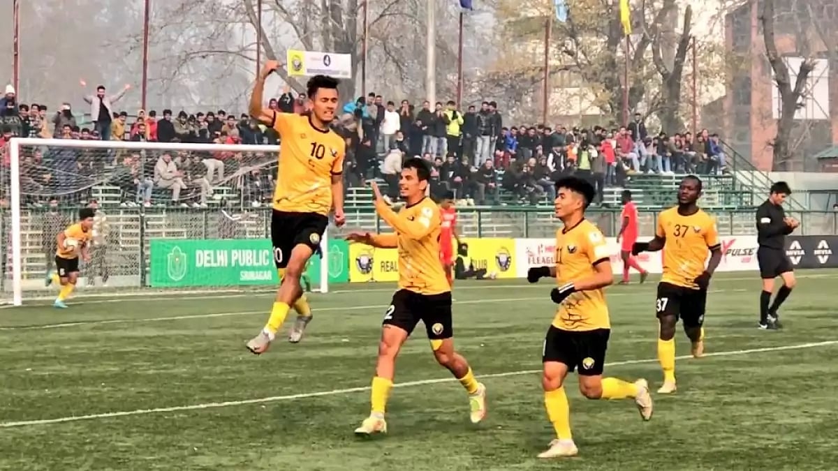 Real Kashmir players celebrate a goal en route their win over TRAU FC.