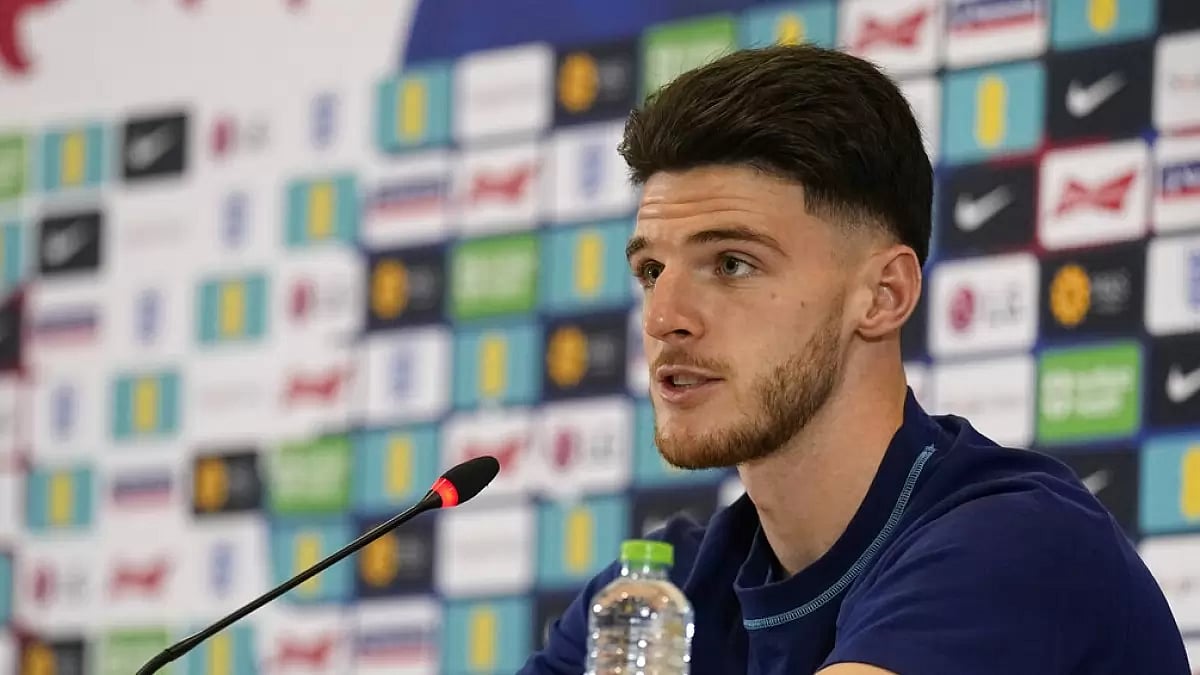 England footballer Declan Rice speaks to the media during a press conference.