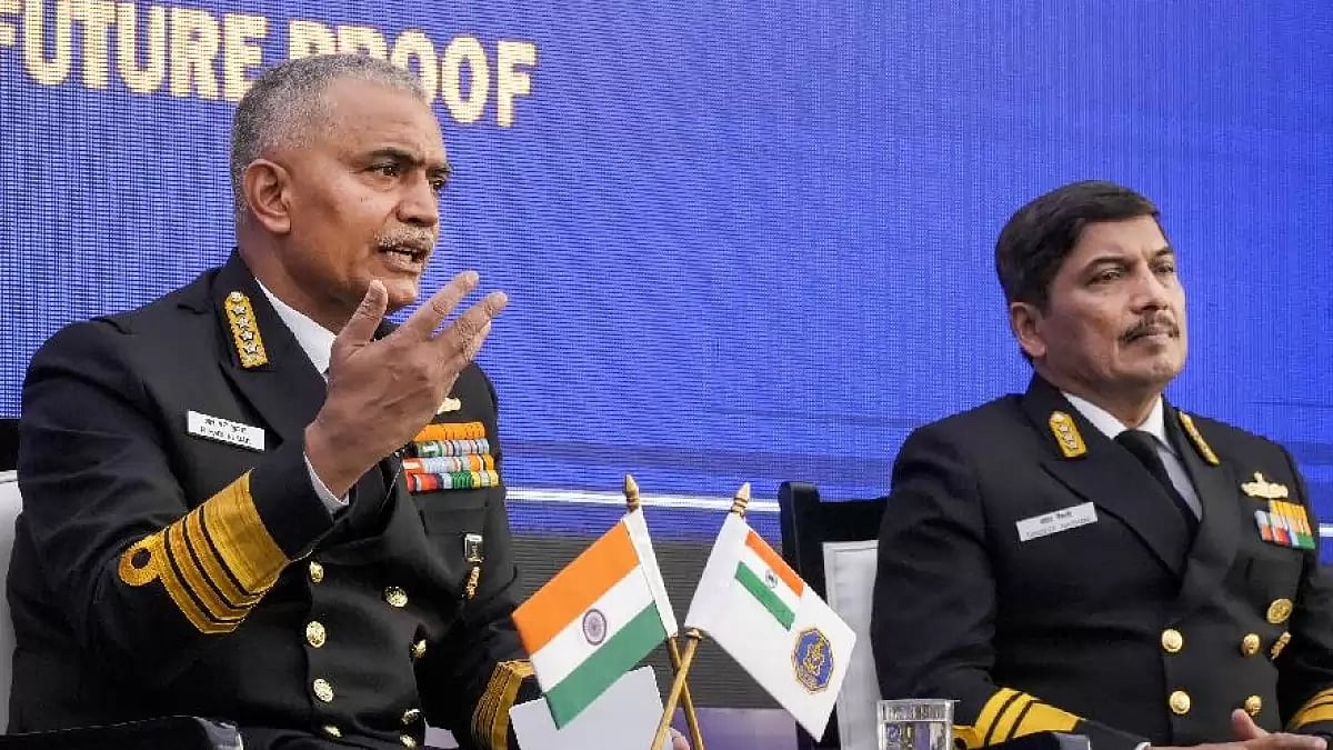 Chief Naval Staff Admiral R. Hari Kumar addresses a press conference, a day before Navy Day