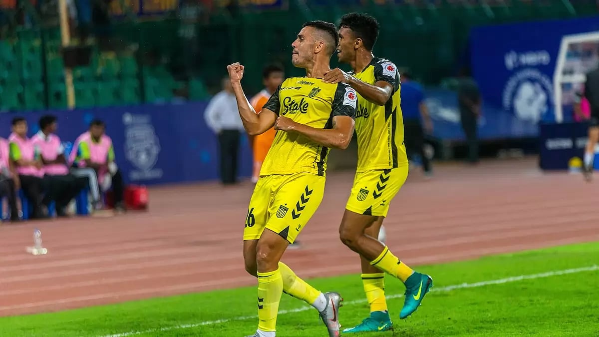 Borja Herrera celebrates after securing Hyderabad FC's win with a third goal.